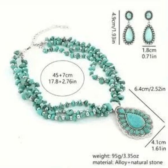 Silver Turquoise Western Tear Drop Pendant Necklace & Earring Set - Picture 6 of 7